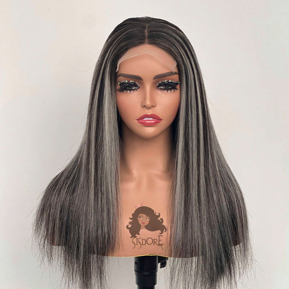 Grey Highlights on Black Straight Hair Lace Wigs