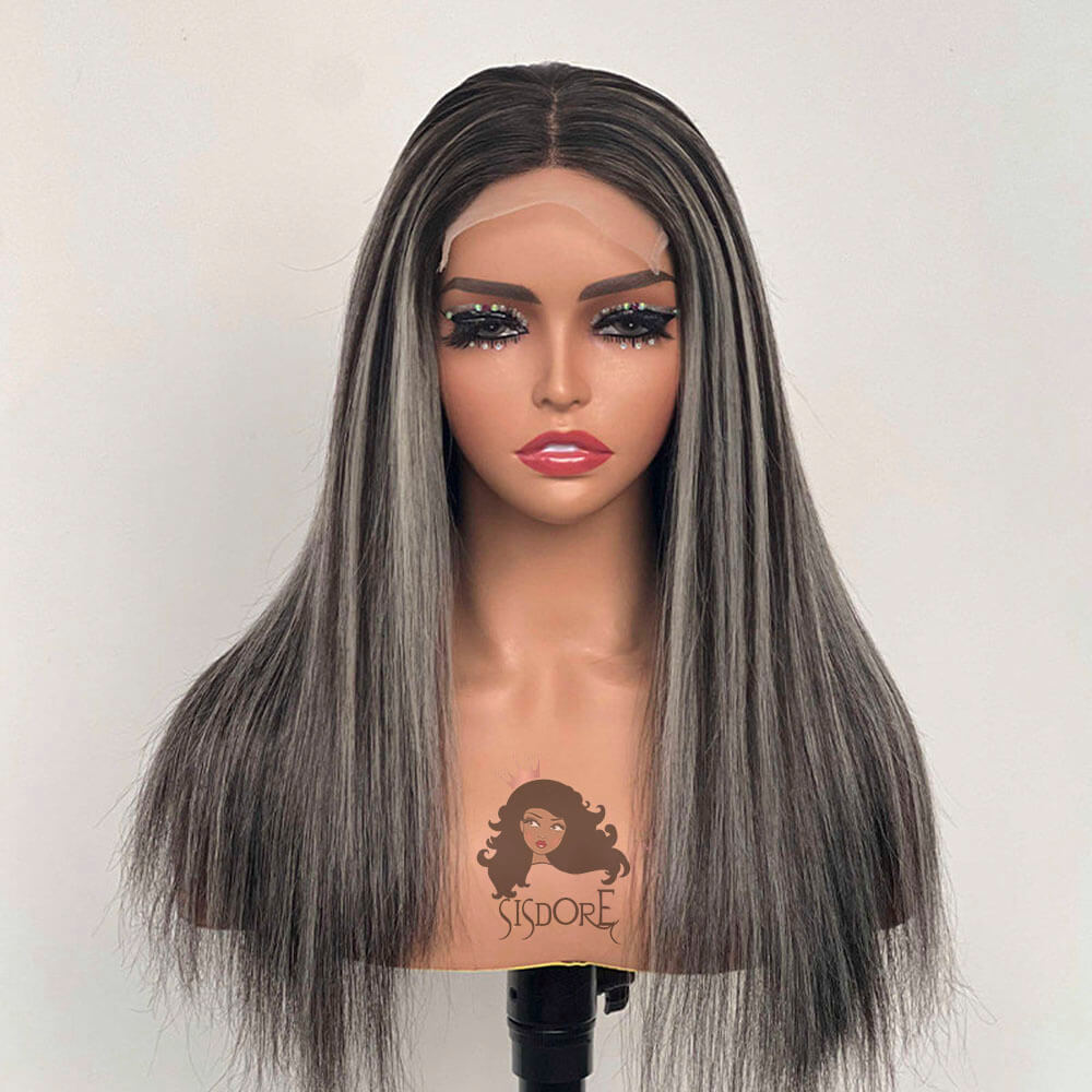 Gray highlights on black hair wig, straight human hair lace front