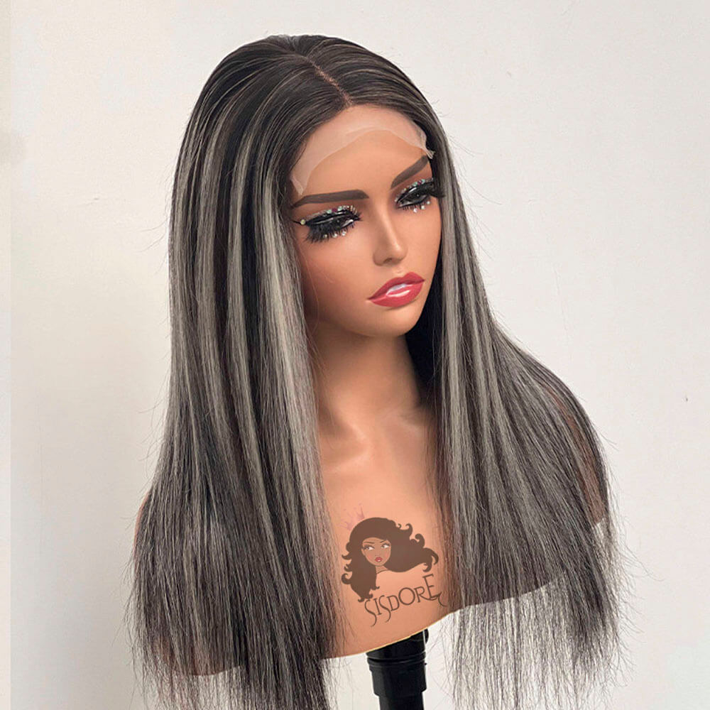 Grey Highlights on Black Straight Hair Lace Wigs