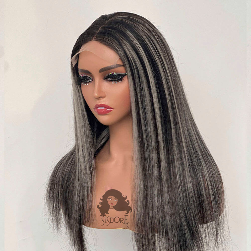 Grey Highlights On Black Straight Hair Wigs SISDORE HAIR