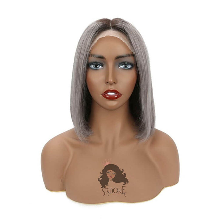 Gray Ombre Straight Hair Bob Lace Front Wig With Dark Roots