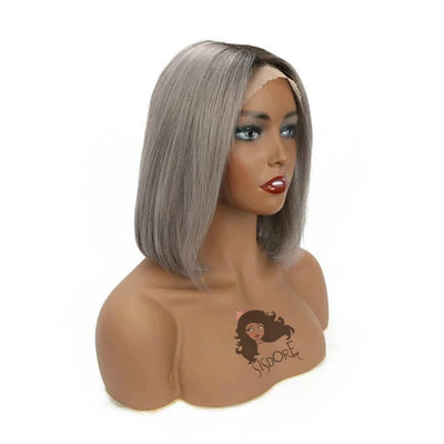 Gray Ombre Straight Hair Bob Lace Front Wig With Dark Roots