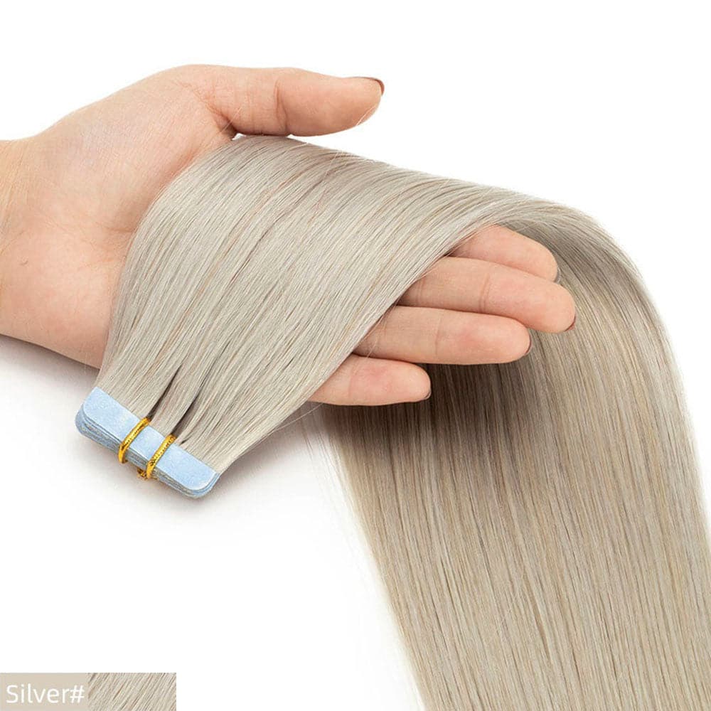 tape in straight virgin human hair extensions silver gray