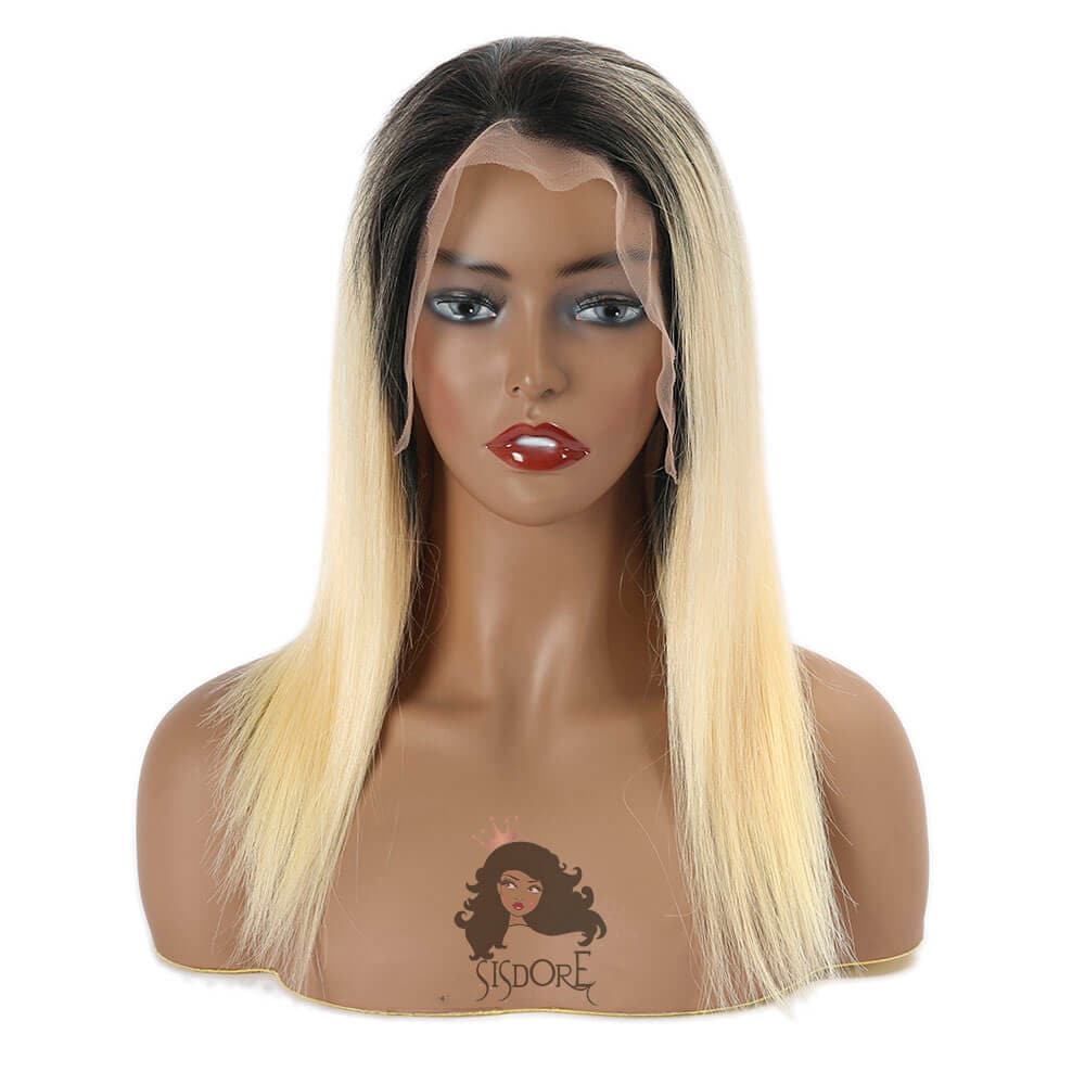 1b 613 bleach blonde ombre straight virgin human hair wigs with black roots
