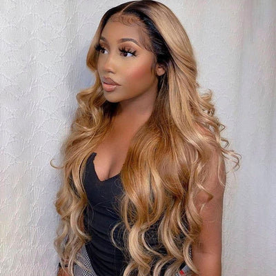 #1B/27 Two Tone Colored Strawberry Honey Blonde Ombre Human Hair Wigs With Black Roots 