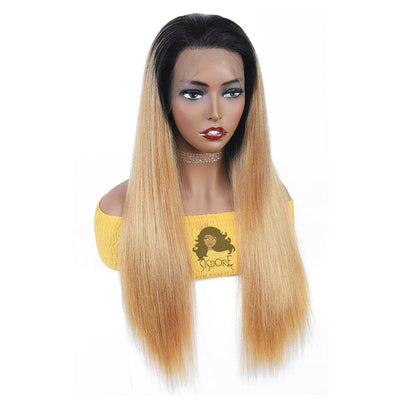 #1B/27 Two Tone Colored Strawberry Honey Blonde Ombre Human Hair Wigs With Black Roots 