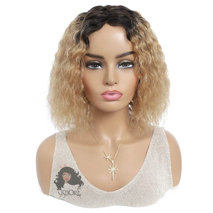 1b 27 strawberry blonde curly hair bob wig with black roots #color_1b-27-curly