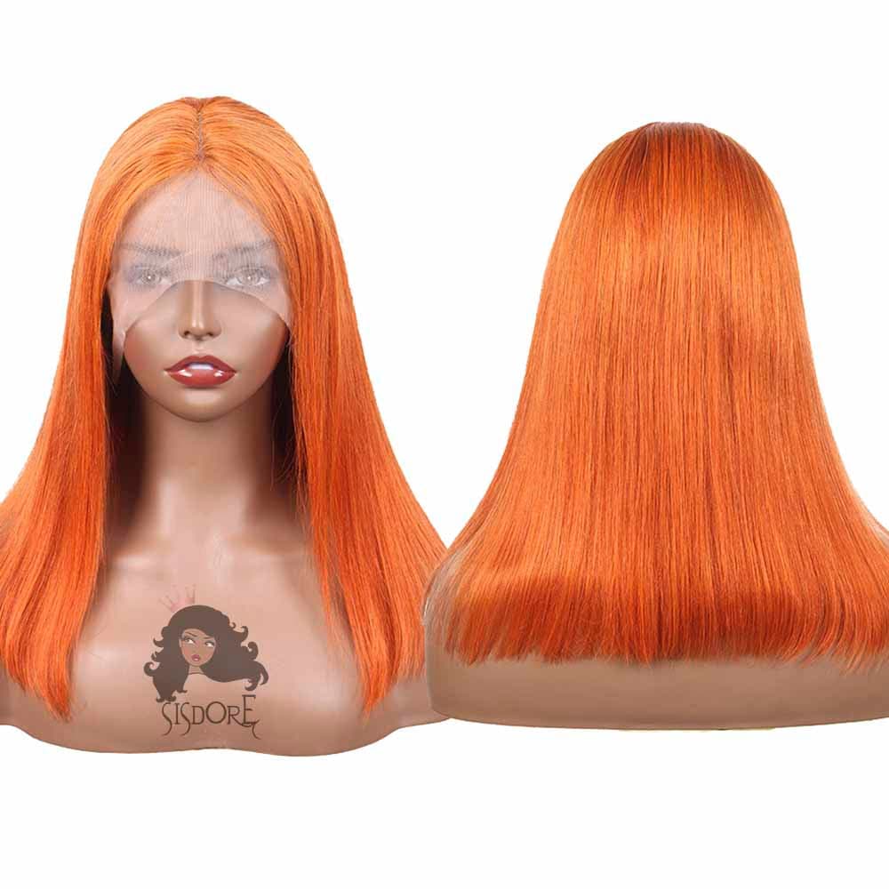 Orange Ginger Color Straight Short Bob Style Human Hair Lace Wigs 14 INCH