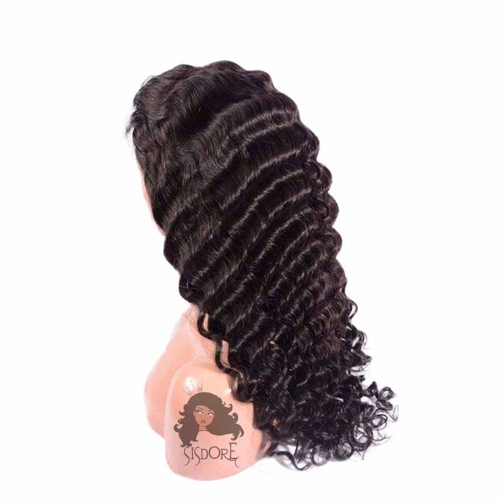 natural black color deep wave virgin human hair full lace wigs, wavy brazilian hair 360 lace wigs