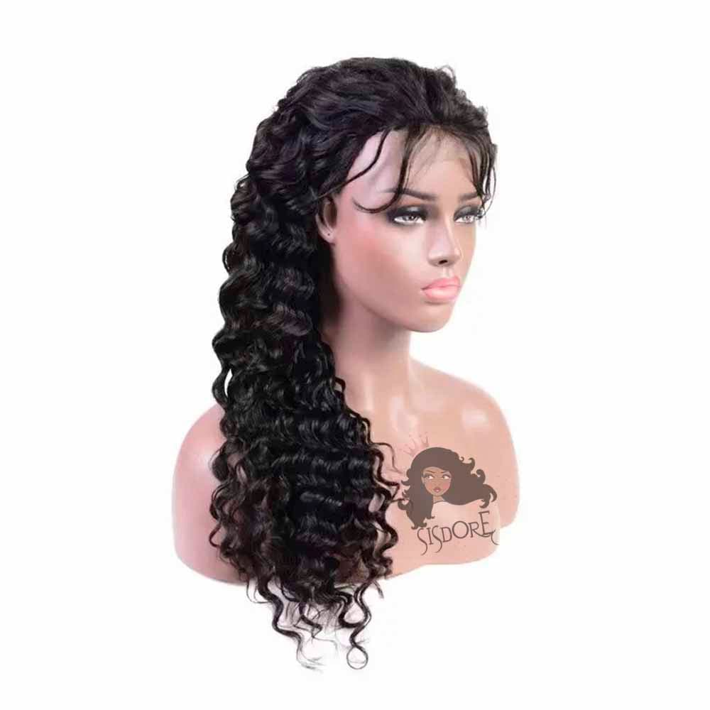 natural black color deep wave virgin human hair full lace wigs, wavy brazilian hair 360 lace wigs