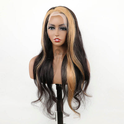 Skunk Stripe Black With Honey Blonde 1b/27 Highlight Colored Body Wave Human Hair Lace Front Wigs