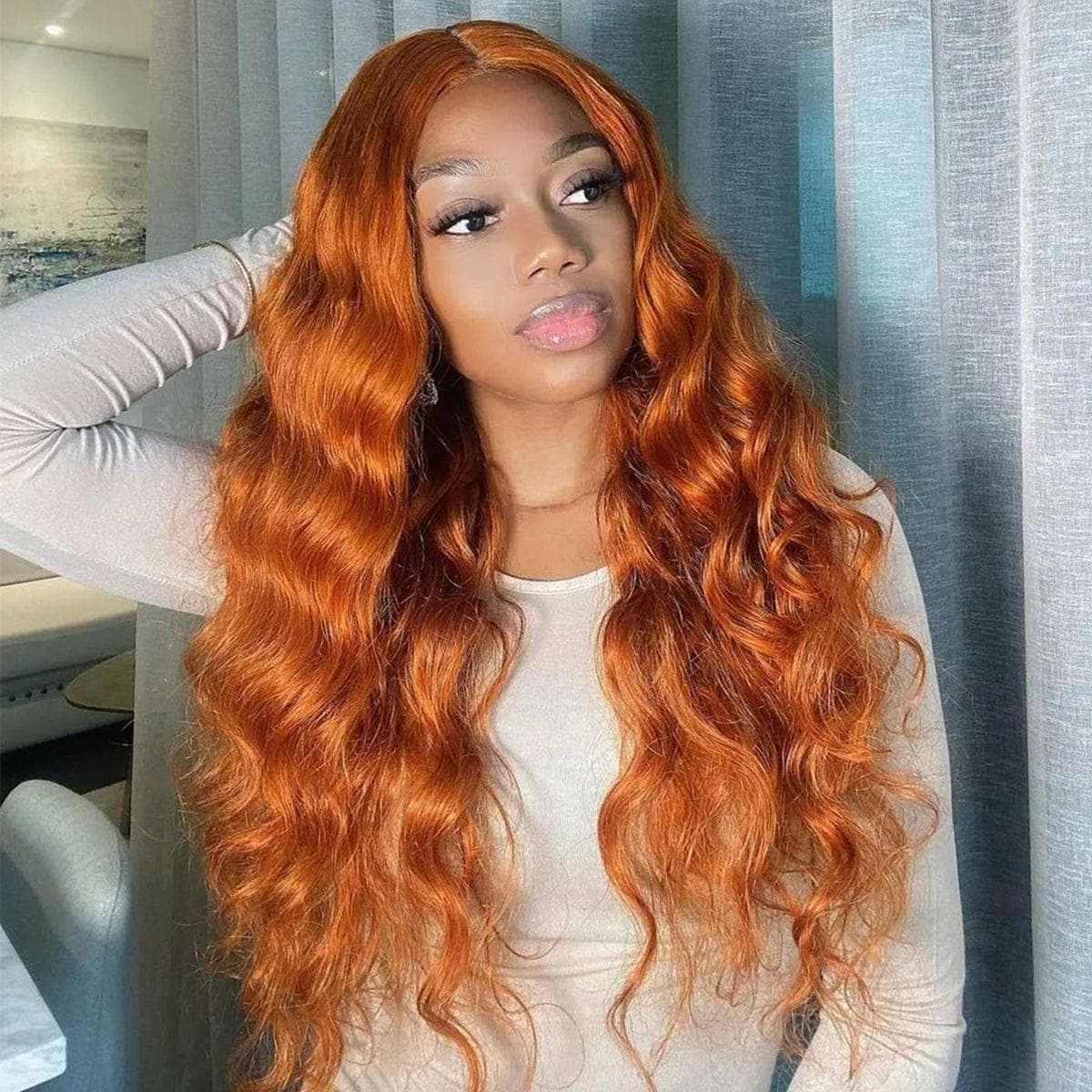 #350 Dark Orange Body Wave Human Hair Closure Wigs, Ginger Color Lace Front Wigs