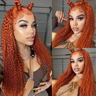#350 Dark Orange Curly Human Hair Closure Wigs, Ginger Color Lace Front Wigs