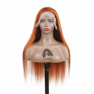 #350 Dark Orange Straight Human Hair Closure Wigs, Ginger Color Lace Front Wigs