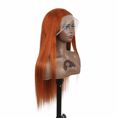 #350 Dark Orange Straight Human Hair Closure Wigs, Ginger Color Lace Front Wigs