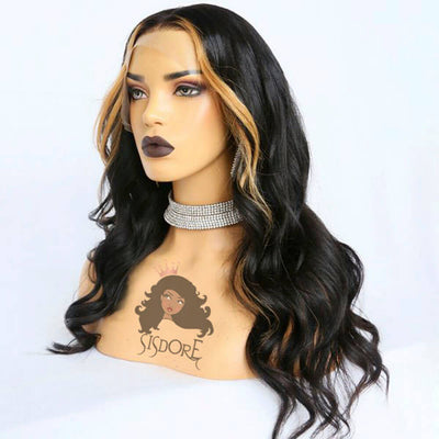 Skunk Stripe 1B 27 Highlight Color Strawberry Honey Blonde Streaks In Front Body Wave Human Hair Wigs