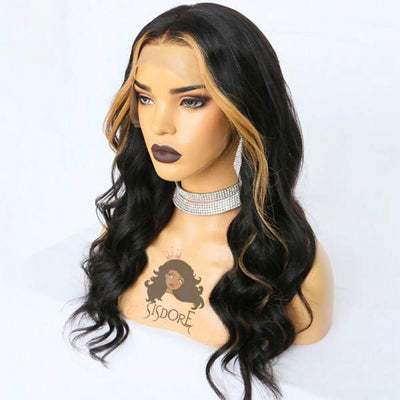 Skunk Stripe 1B 27 Highlight Color Strawberry Honey Blonde Streaks In Front Body Wave Human Hair Wigs