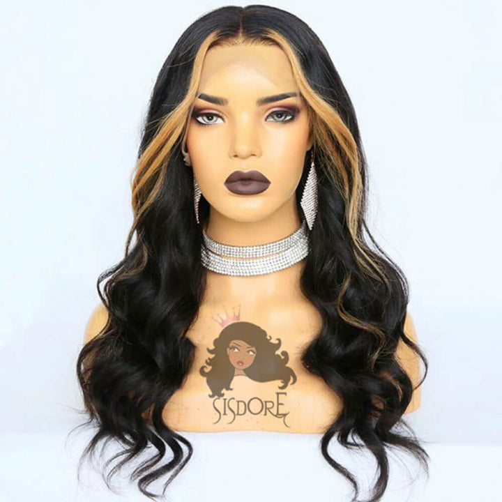 Skunk stripe wig black and blonde streaks body wave 