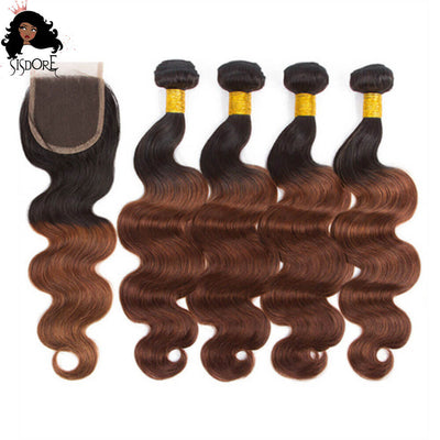 Dark Auburn Body Wave Hair 4 Bundles With Closure T1B/33 Ombre Color With Black Roots