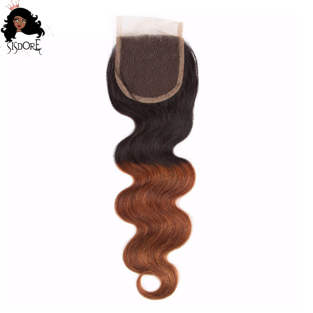Dark Auburn Body Wave Hair 4X4 Lace Closure T1B/33 Ombre Color With Black Roots