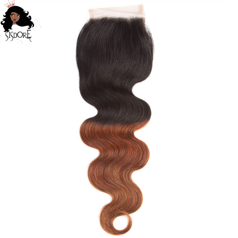 Dark Auburn Body Wave Hair  4x4 Lace Closure 4 Bundles T1B/33 Ombre Color With Black Roots