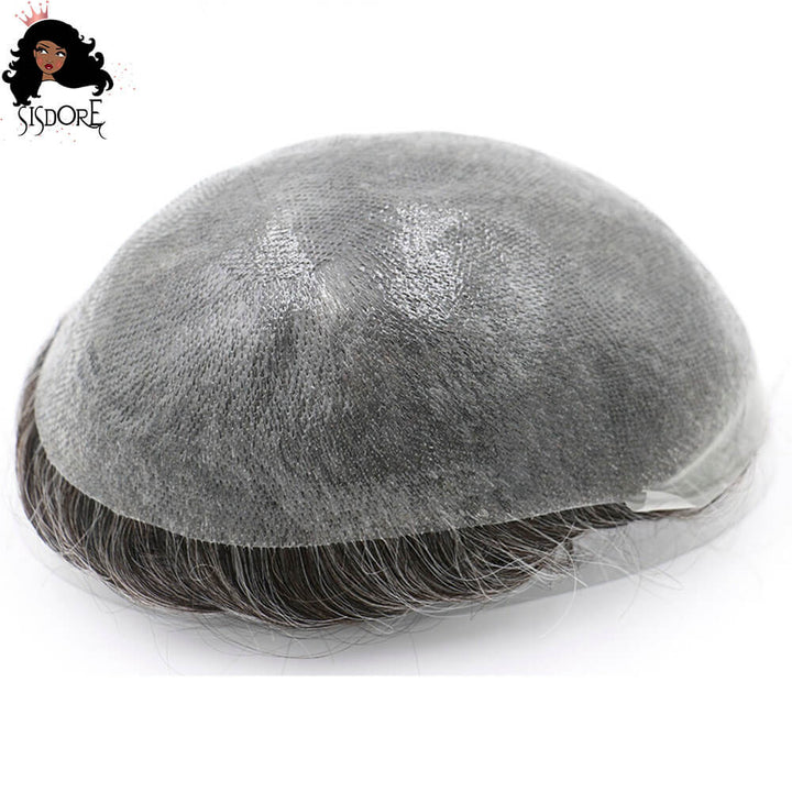 V-looped poly full PU men’s hair system, real human hair toupee
