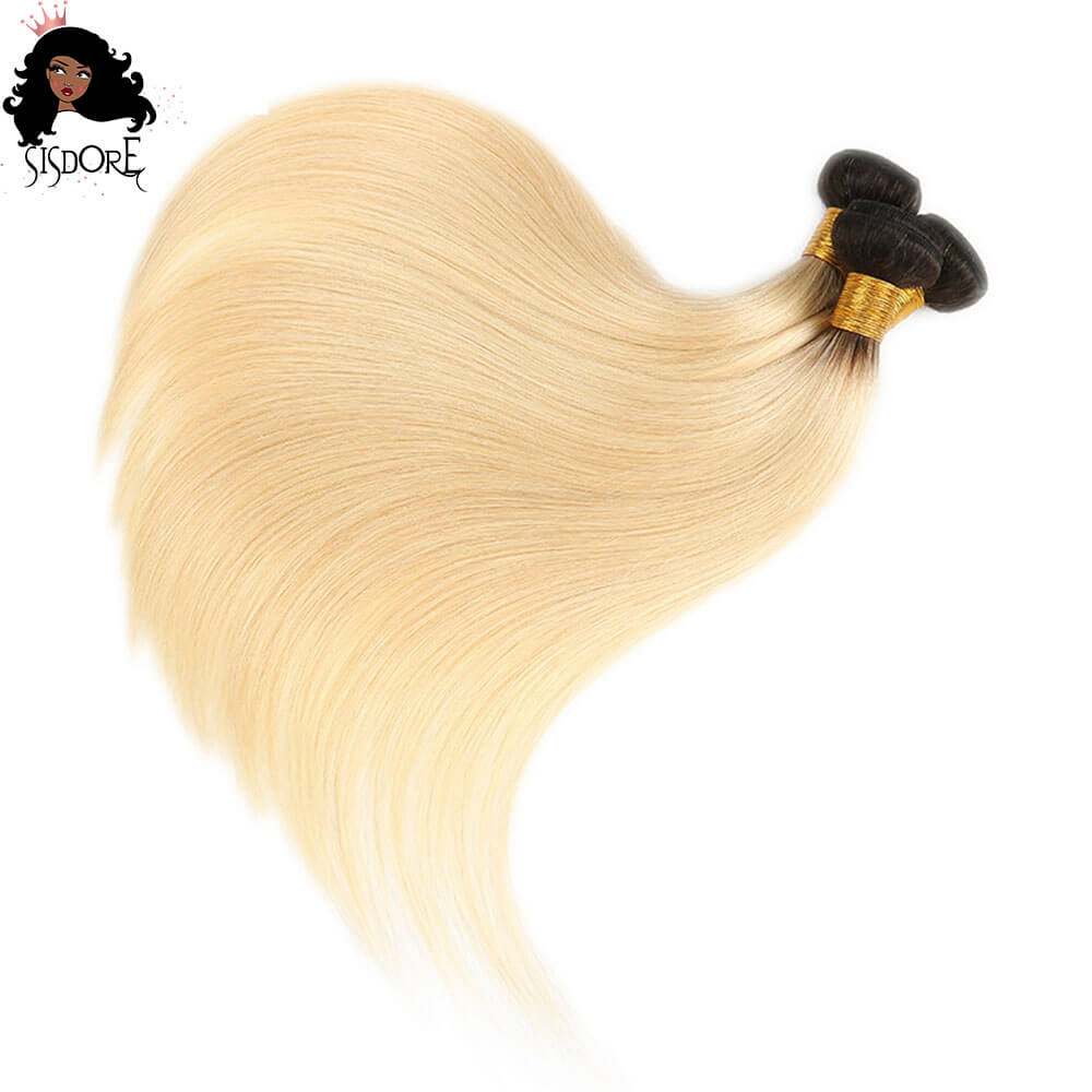 Blonde Straight Human Hair Bundles With Black Roots T1B/613