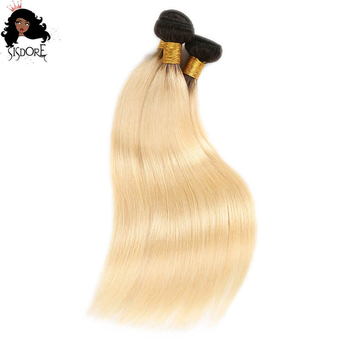 Blonde Straight Human Hair Bundles With Black Roots T1B/613