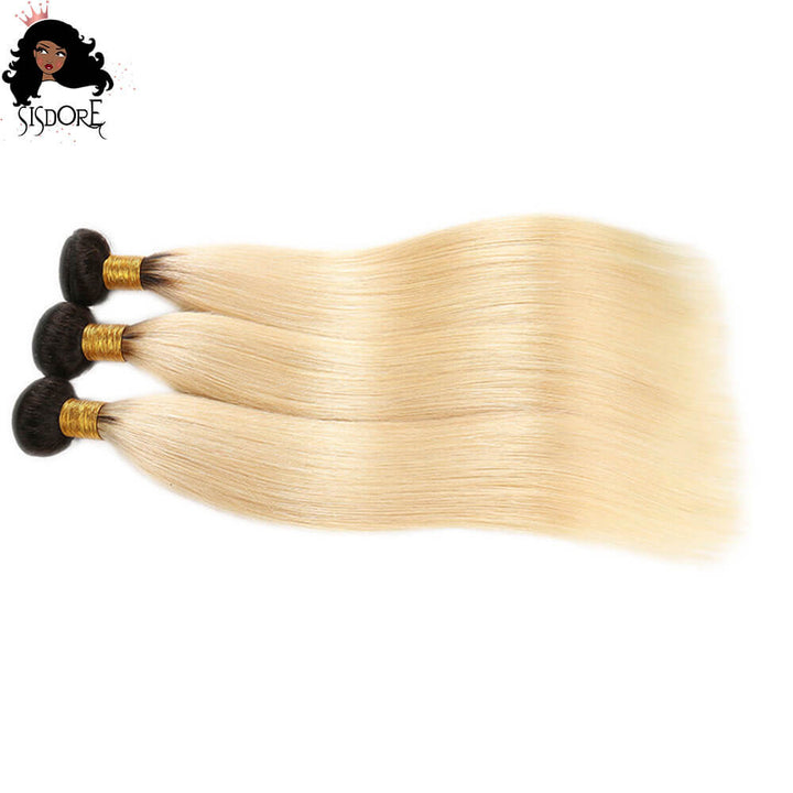 Blonde Straight Human Hair Bundles With Black Roots T1B/613