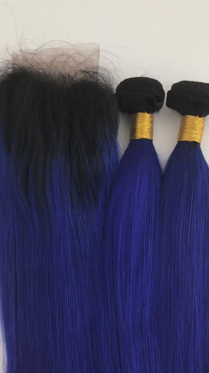 Blue Black Hair Color Remy Blue Hair Bundles With 4x4 Lace Closure, Dark Blue Ombre Hair Straight Human Hair Half Black Half Blue Hair