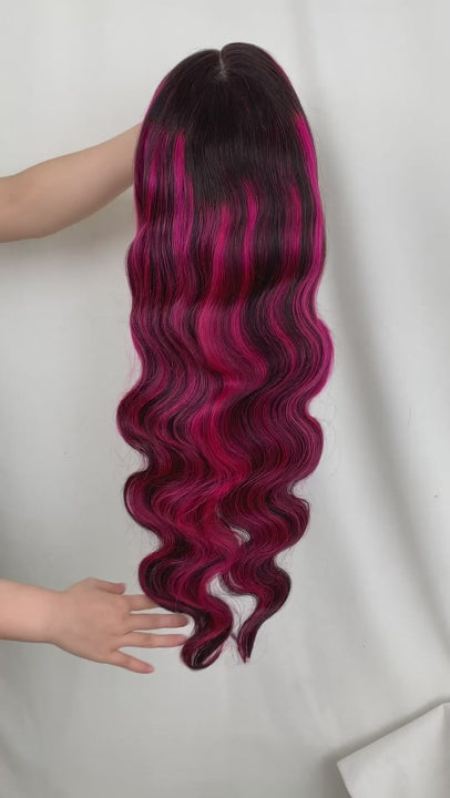 Hot Pink Highlights on Black  Hair Body Wave Lace Front Wigs, Black Human Hair Wigs With Pink Streaks in Hair