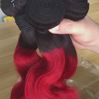 Red Body Wave Bundles With Black Roots Two Tone Ombre Human Hair Weaves