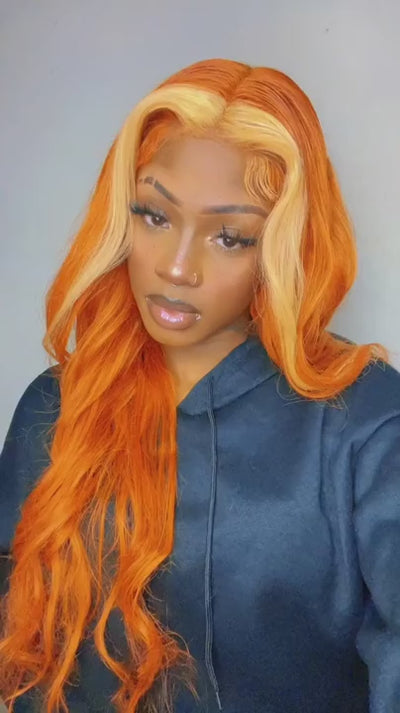 #613/350 Orange With Blonde Highlight Color Body Wave Human Hair Lace Front Wigs