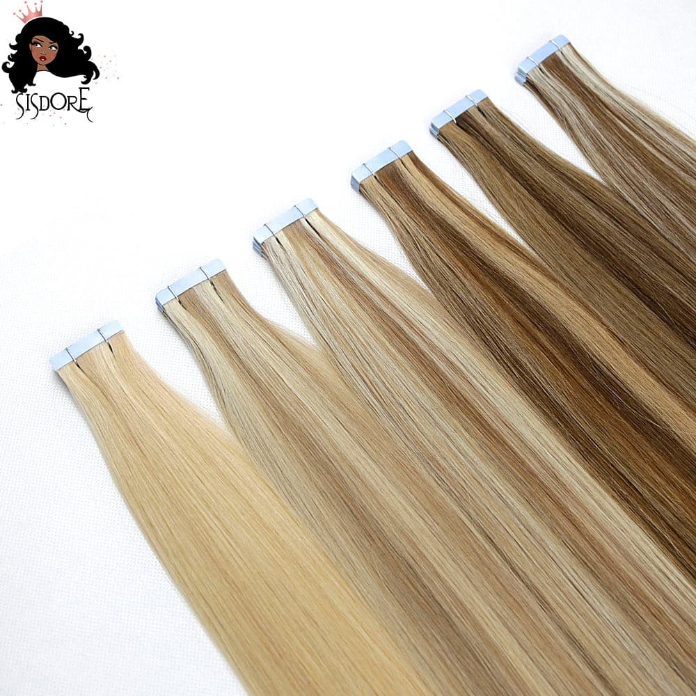 piano color tape in straight human hair extensions highlight skin weft 