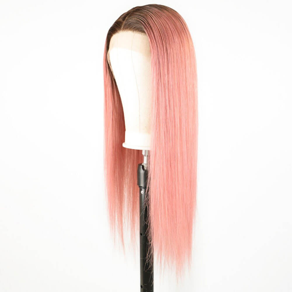 Pelucas rosadas con raíces Bown Pelucas delanteras de encaje de pelo rosa Ombre 