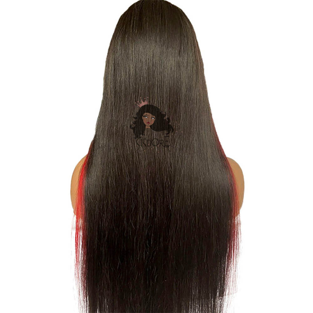 Red Skunk Stripe Human Hair Wigs, Two Red Streaks in front of hair